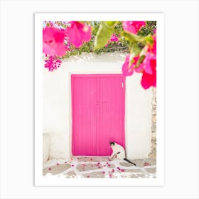 Greece Cat With Pink Flowers Art Print
