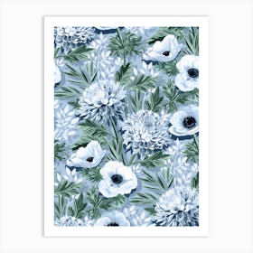 Chrysanthemums And Anemones In Blue And Green Art Print