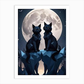 Two Black Cats In A Low Poly Style Under The Moon 1 Art Print