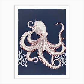 Navy Blue & Maroon Detailed Octopus 5 Art Print