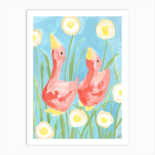 Coral Geese In The Garden Art Print