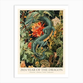 Lunar Year Of The Dragon 2024 Greend Dragon Art Chinese Zodiac Floral Botanical Art Print