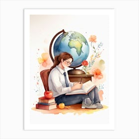 Watercolor Girl Reading A Book Art Print