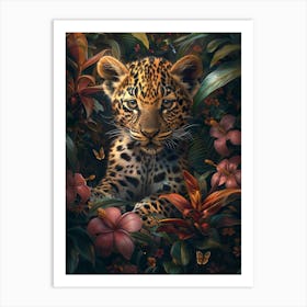 A Happy Front faced Leopard Cub In Tropical Flowers 3 Art Print