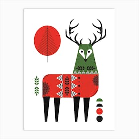 Stag Christmas Print Red Green Art Print