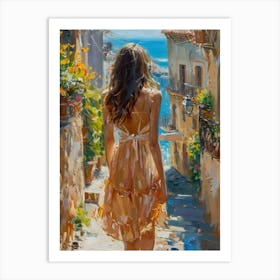 PERFECT - Beautiful Woman on a Summer's Day in Algrave Riviera St Tropez Mediterranean - Abstract Impressionism Acrylic and Oil on Canvas by Britisg Artist John Arwen Beautiful Colorful Floral Botanic Gallery Feature Wall Art in HD Art Print