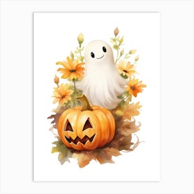 Cute Ghost With Pumpkins Halloween Watercolour 50 Art Print