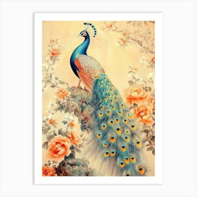 Luxury Chinoiserie Painting Of Peacock On Vintage Floral Pattern 1 Art Print