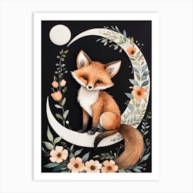 Floral Cute Fox Watercolor Moon Paining (9) Art Print