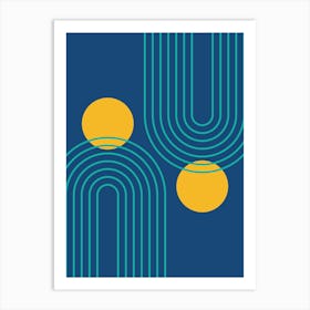 Mid Century Modern Geometric cI in Cottage Teal Navy Blue Mustard Yellow (Rainbow and Sun Abstraction) 6 Art Print