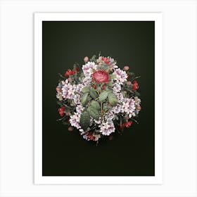 Vintage Red Gallic Rose Flower Wreath on Olive Green n.0364 Art Print