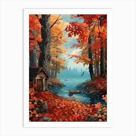 Fall Autumn Fall Leaves Cabin Art Print