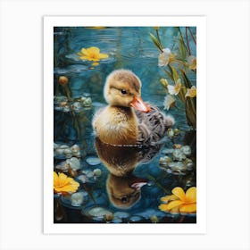 Duckling Swimming In The Pond With Petals 3 Art Print
