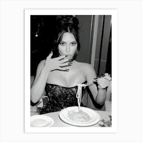 Woman Eating Pasta, Spaghetti Black And White Kitchen Art Print