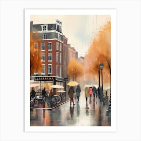 Amsterdam cafes, autumn season, rain, autumn oil colours.Faded colours,People passing on the street, winter clothes, rain umbrellas.9 3 Art Print