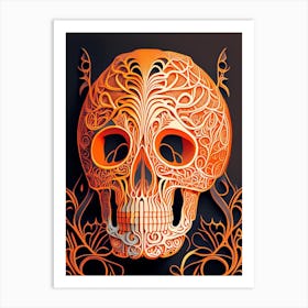 Skull With Intricate Linework 2 Orange Line Drawing Art Print