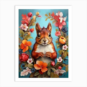 Squirrel With Flowers art print 2 Art Print