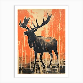 Elk, Woodblock Animal Drawing 1 Art Print