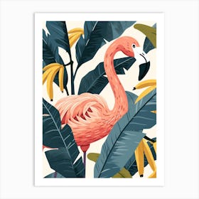 American Flamingo And Banana Plants Minimalist Illustration 3 Art Print