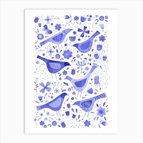 Birds In Wildflowers Blue Watercolor Art Print