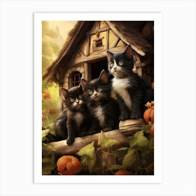 Cute Cats With A Medieval Cottage In The Background 8 Art Print