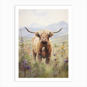 Highland Cow In Colourful Wildflower Field Watercolour Art Print
