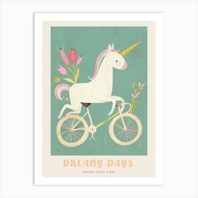 Pastel Storybook Style Unicorn On A Bike 3 Poster Art Print
