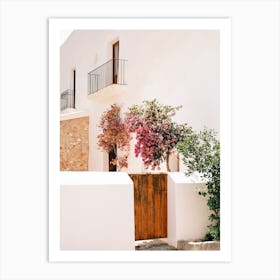 Pink Flowers growing on White House // Ibiza Travel Photography Art Print