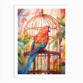 Floral Parrot And Birdcage Art Print