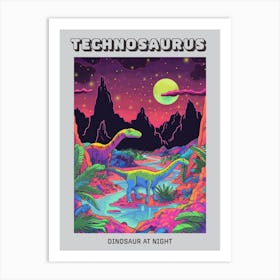 Neon Dinosaur At Night In Jurassic Landscape 4 Poster Art Print