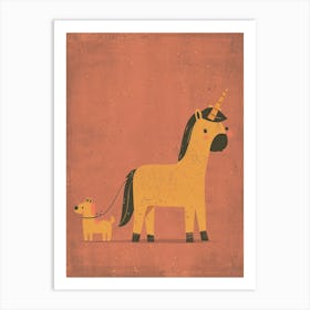 Unicorn Walking A Dog Coral Muted Pastels Art Print