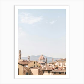 Florence, Italy I Skyline view of italian rooftops and Duomo Santa Maria del Fiore cathedral church photography with summer pastel aesthetics in sunny orange tones for living la dolce vita under the sun blue sky Art Print