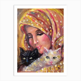 Woman With Cats Art Print