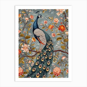 Peacock With Vintage Floral Pattern 2 Art Print