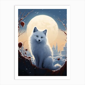 Arctic Fox Moon Playful Illustration 4 Art Print