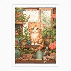 Kawaii Cat Drawings Gardening 1 Art Print