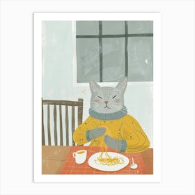 Grey Cat Eating Pasta Folk Illustration 3 Art Print