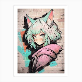 Kawaii Aesthetic Pastel Nekomimi Anime Cat Girl Urban Graffiti Style Art Print
