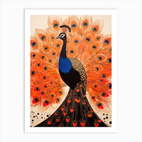 Peacock, Woodblock Animal Drawing 2 Art Print