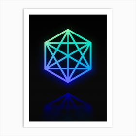 Neon Blue and Green Abstract Geometric Glyph on Black n.0193 Art Print