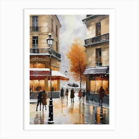 Paris cafes, winter season, Christmas, autumn oil colors, pale colors, pedestrians in the street, winter clothes, falling snow.7 1 Art Print