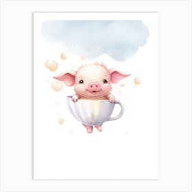 Baby Tea Cup Pig Flying With Ballons, Watercolour Nursery Art 2 Art Print