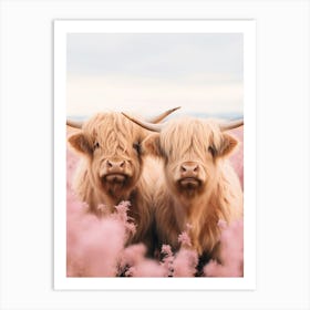 Two Highland Cows Behind The Pink Flowers Art Print