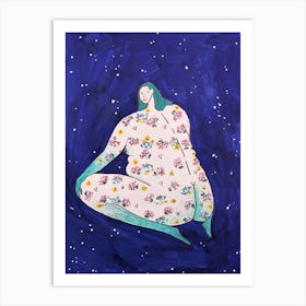 Female body in cute colors blue background Art Print