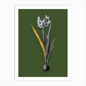 Vintage Daffodil Black and White Gold Leaf Floral Art on Olive Green n.0715 Art Print
