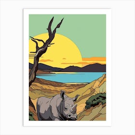 Rhino & The Sunset In The Dry Landscape 3 Art Print