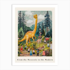 Dinosaur & Children In A Village Painting Poster Art Print