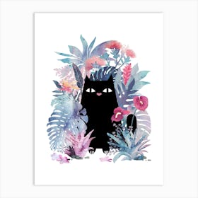 Popoki (Black Cat in Flowers) On White Art Print