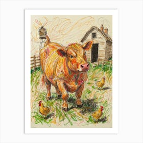 Cow And Chickens 1 Art Print