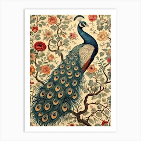 Cream Vintage Floral Peacock Wallpaper 3 Art Print